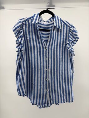 Jane & Delancey Collar Shirt, Short Sleeve, V-Neck, Blue & White Stripe, Size XL